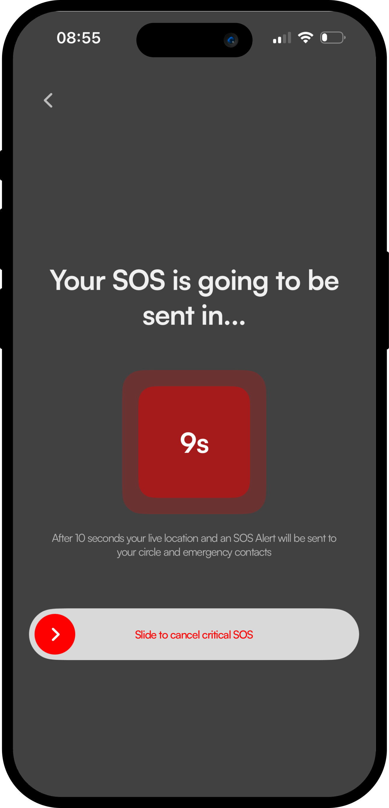 Obserc Critical SOS: 4 seconds before sending to emergency contacts and circle